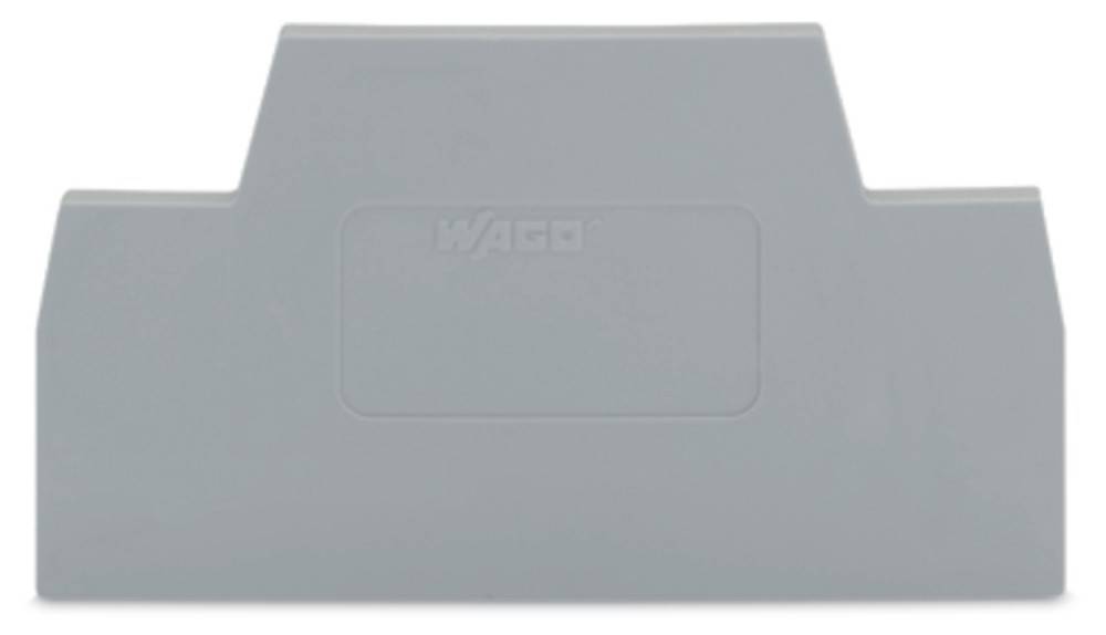 Graue Endplatte für Klemmenblock der Marke WAGO, verwendet zum Abdecken und Schützen offener elektrischer Anschlüsse oder Klemmen in einem Schaltschrank.