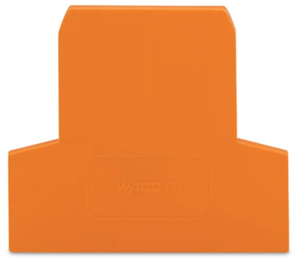 Ein orangefarbener Wago 281 Kennzeichnungsetikett, der zur Beschriftung elektrischer Anschlüsse verwendet wird und eine flache Oberfläche zum einfachen Beschreiben und Anbringen aufweist.