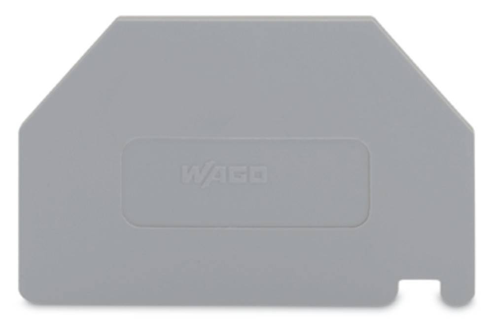 Eine graue Endabdeckung für Klemmenleisten mit eingravierter Aufschrift 'WAGO', entwickelt zum Abdecken und Isolieren elektrischer Leitungen innerhalb einer Verteilerdose.