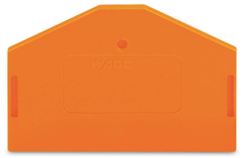 Eine orangefarbene Plastikkappe mit einer spitzen Oberseite, die ein dezent geprägtes Logo und ein kleines Loch nahe der oberen Mitte zur Befestigung aufweist.