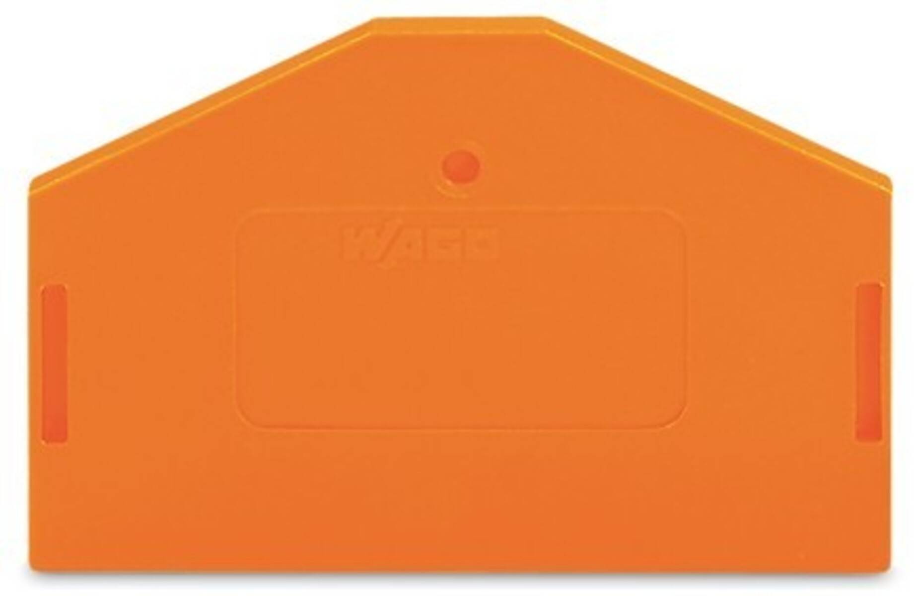 Ein orangefarbener Kunststoffteil mit einem Loch in der oberen Mitte und dem Wort 'WAGO', das in der Mitte eingeprägt ist.