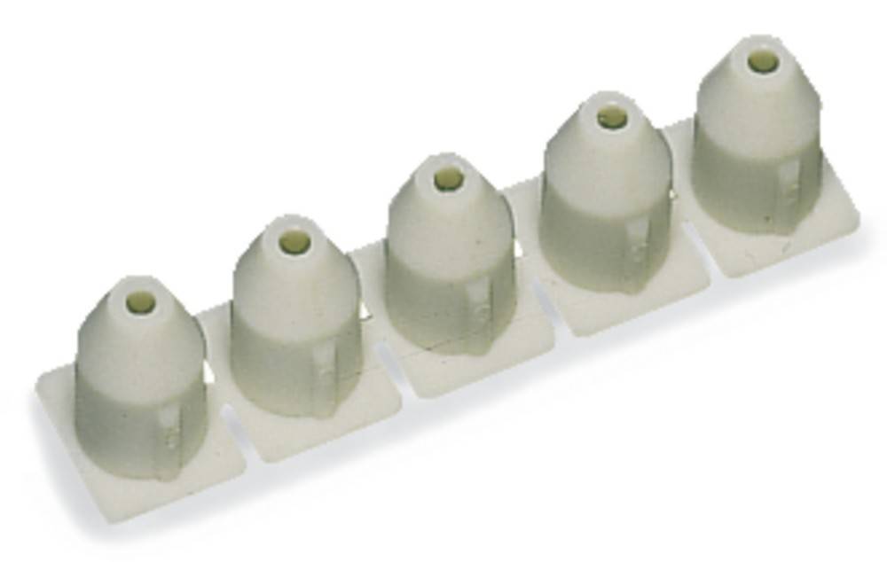 Fünf beige Kunststoff-Dübel, die auf einer weißen Oberfläche angeordnet sind. Jeder Dübel hat eine zylindrische Form mit einer ausgestellten Basis zum Befestigen von Gegenständen.