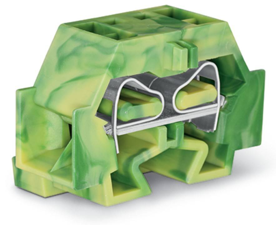 Ein grüner und gelber industrieller Drahtverbindungsblock mit robustem Klemmdesign, verwendet zum Sichern und Verbinden von elektrischen Leitungen.