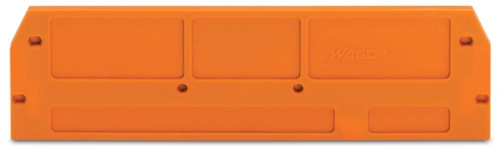 Ein orangefarbenes rechteckiges Objekt mit zwei kleinen horizontal ausgerichteten Löchern, möglicherweise Teil eines größeren Geräts oder Ausrüstungsgegenstands, vor einem weißen Hintergrund.