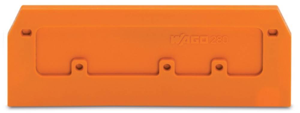 Ein orangefarbener Kunststoffgegenstand mit dem Markennamen 'WAGO' in Prägung, versehen mit einer zentralen Befestigungsbohrung.