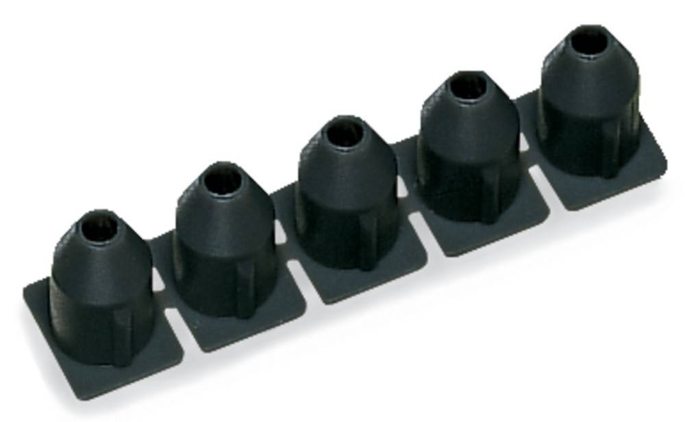 Fünf schwarze Gummispitzen, die in einer Reihe auf einem Kunststoffstreifen angeordnet sind und dazu dienen, an den Stuhlbeinen befestigt zu werden, um Böden zu schützen.