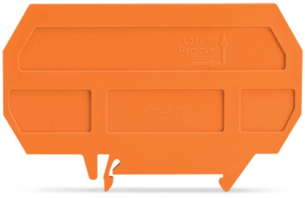 Ein orangefarbenes Plastikwerkzeug mit geprägtem Text 'Lösen' und 'Remove', mit Pfeilen zur Richtungsanzeige, gekennzeichnet mit 'WAGO 209'.