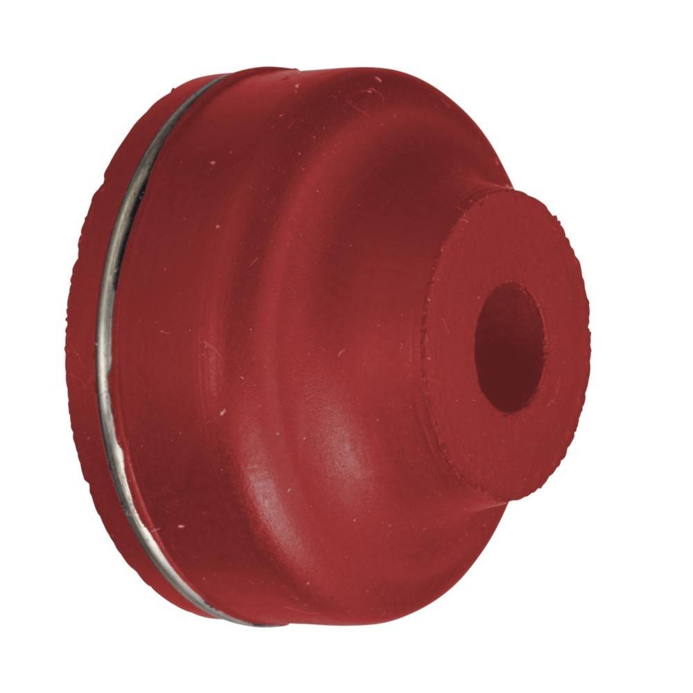 Rote Gummi-Elastomerlagerung oder -halterung mit zentralem Loch, auf weißem Hintergrund dargestellt.