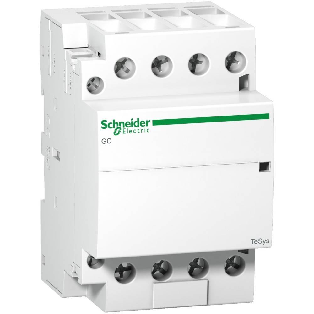 Ein weißes Schneider Electric TeSys GC Schützmodul mit mehreren Schraubanschlüssen und dem grünen Schneider Electric Logo.