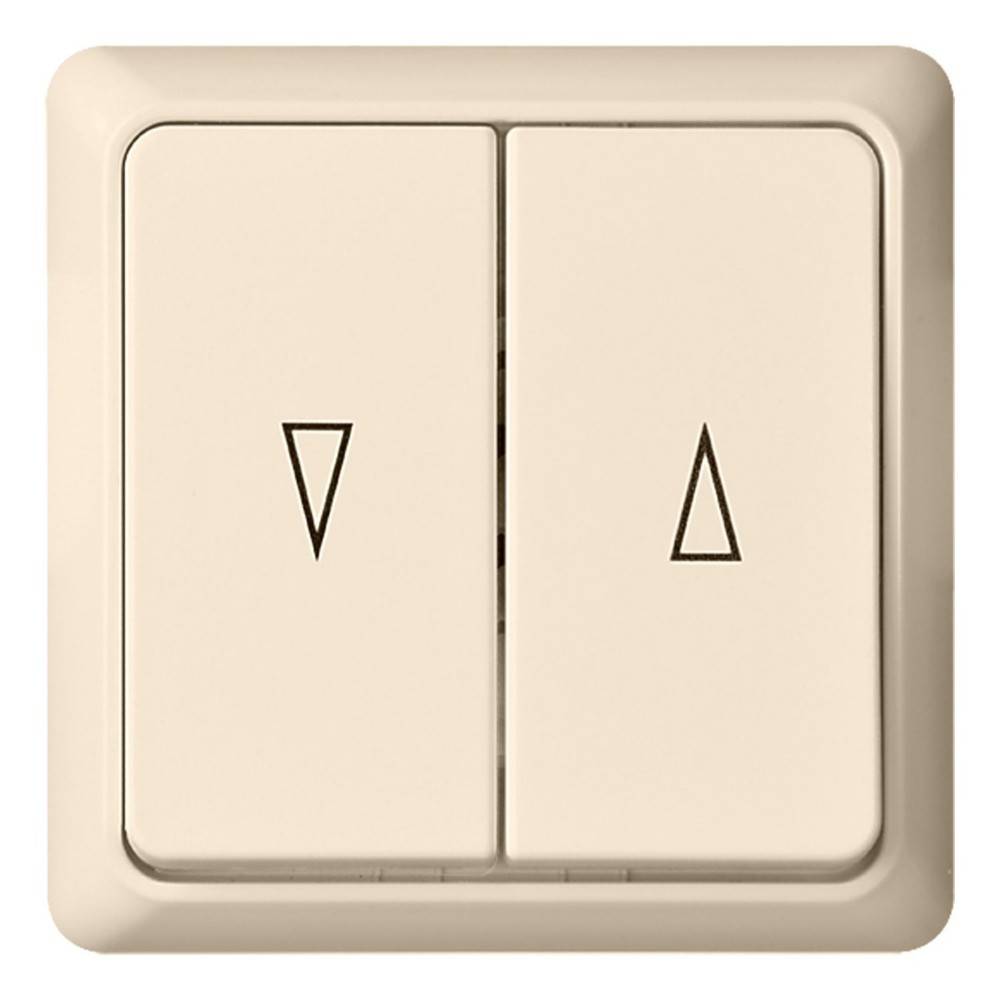 Eine beige Doppellichtschalter mit dreieckigen Symbolen, die nach oben und unten zeigen und die Ein- und Ausschaltzustände markieren.