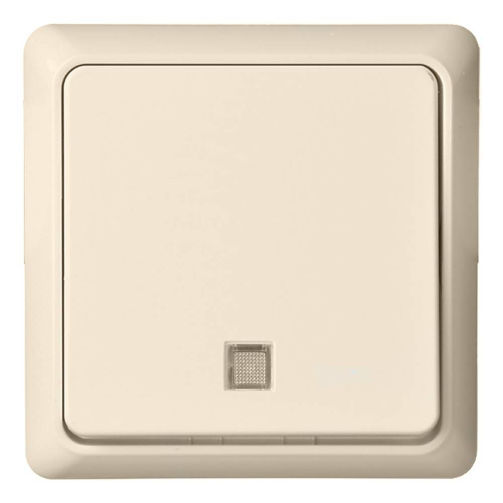 Ein beiger Wandlichtschalter mit einem kleinen Anzeigelicht nahe dem unteren Rand, vor einem schlichten Hintergrund.