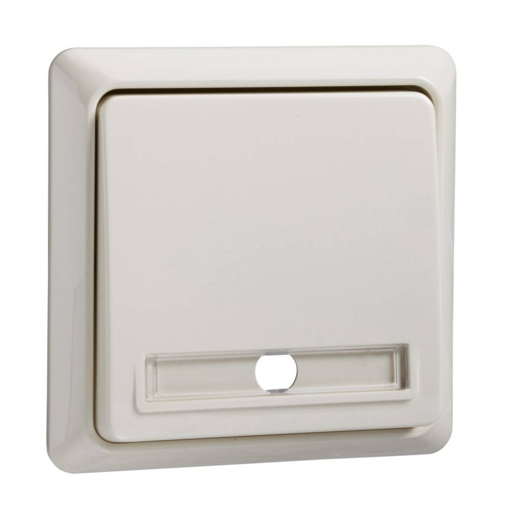 Ein weißer, wandmontierter Lichtschalter mit rechteckigem Design und einem kleinen, kreisförmigen Indikator in der Nähe des unteren Randes.