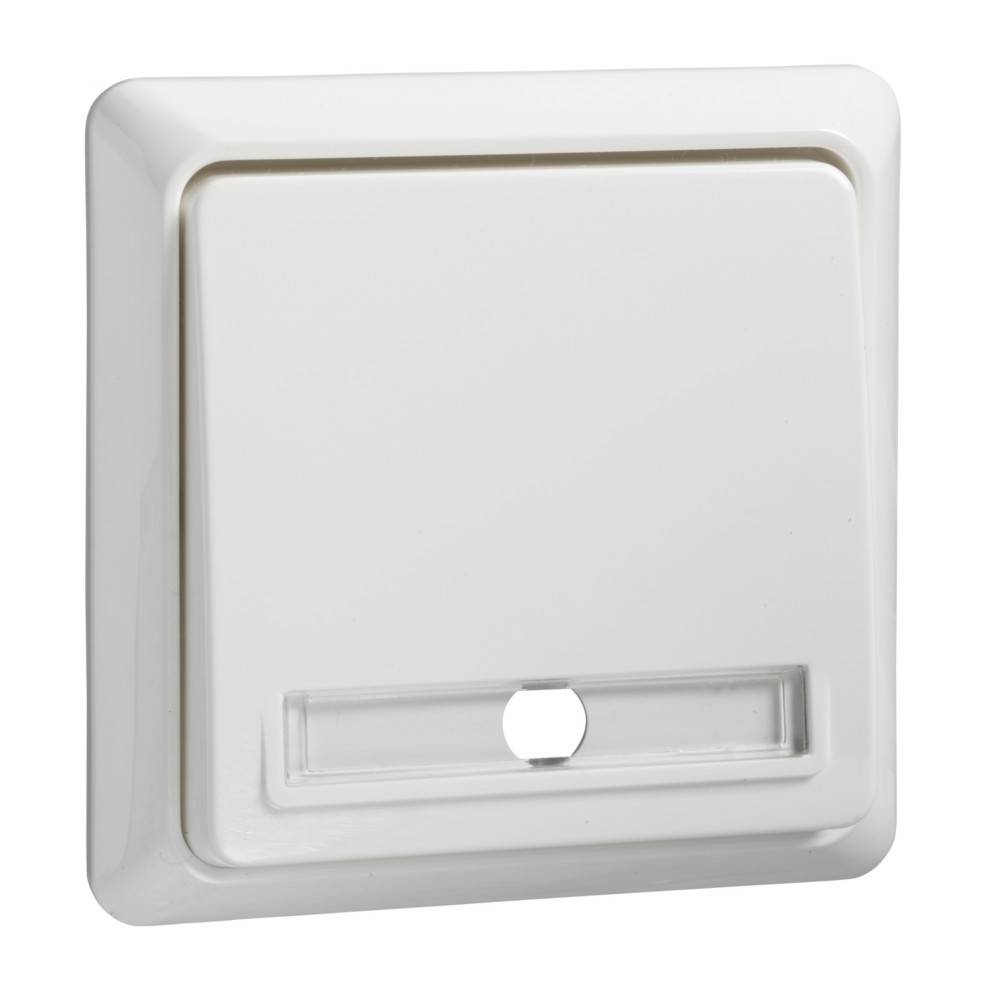 Ein weißer, quadratischer Lichtschalter mit einer flachen Oberfläche und abgerundeten Kanten, der eine kleine rechteckige Vertiefung nahe dem unteren Rand aufweist.