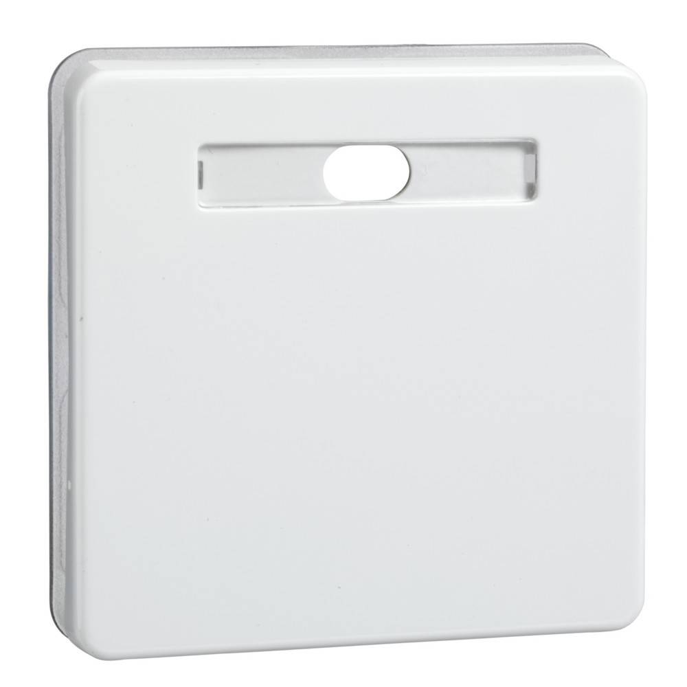 Eine quadratische, weiße Kunststoff-Abdeckplatte mit einem rechteckigen Ausschnitt für einen Schalter oder eine Steckdose.