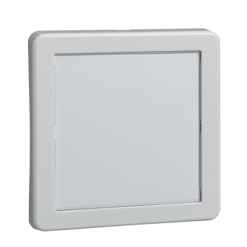 Ein weißer, quadratischer Lichtschalter, der an einer Wand montiert ist, in der Ausschaltposition, mit einem einfachen, modernen Design.