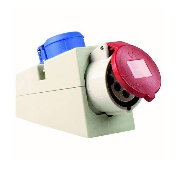Industriesteckdose: weißer Sockel mit blauer Steckdose oben und roter Steckdose seitlich, für robuste elektrische Anschlüsse.