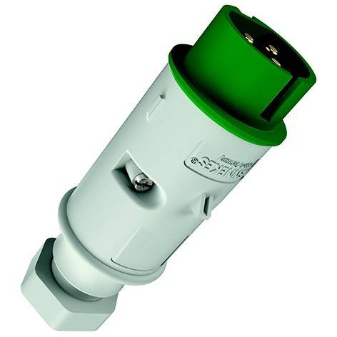 Grüner und weißer industrieller Elektrostecker mit schwarzem Buchsenenende, gezeigt auf schlicht weißem Hintergrund.