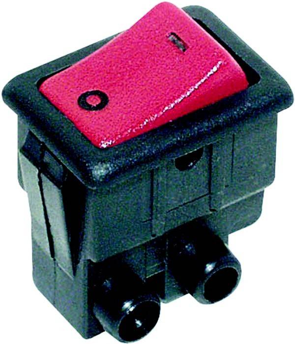 Ein rot-schwarzer Wippschalter mit den Symbolen 'O' und '|', die Aus- und Einstellungen andeuten, der zur Steuerung elektrischer Schaltkreise verwendet wird.