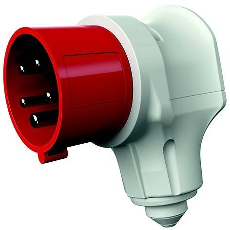 Roter Stecker für Industriestromversorgung mit drei Stiften, in Seitenansicht auf weißem Hintergrund gezeigt.