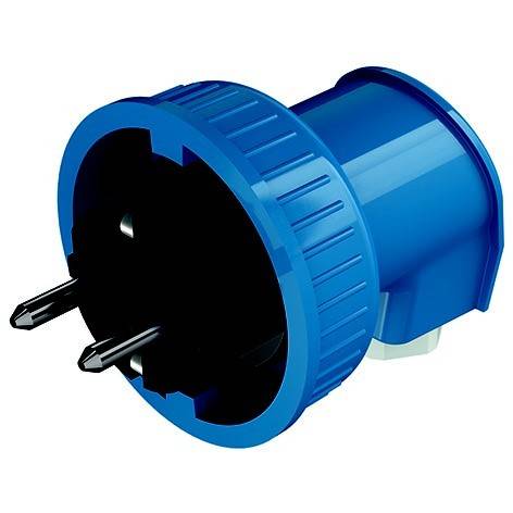 Blauer industrieller Elektrostecker mit schwarzen Kontakten, in Nahaufnahme auf weißem Hintergrund dargestellt.