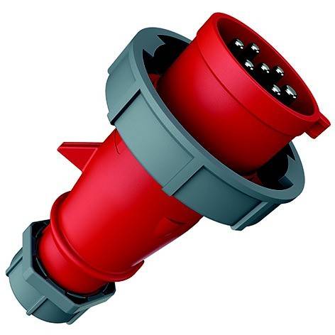 Rotes Industrie-Elektrostecker mit mehreren Metallstiften, diagonal auf weißem Hintergrund dargestellt.
