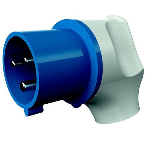 Blauer industrieller Steckverbinder für Elektrizität mit zwei Metallstiften und grauem Gehäuse, shown on a white background.