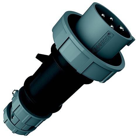 Industrieller zylindrischer Elektrostecker mit mehreren Stiften, dargestellt in einer angewinkelten Produktansicht auf weißem Hintergrund.