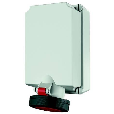 Mintgrüne, wandmontierte Elektroschalterbox mit einem roten und schwarzen runden Drehknopf am unteren Ende.