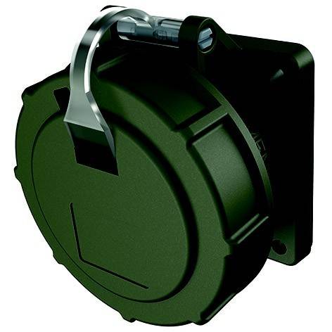 Grüner Industrie-Elektrostecker mit Klappdeckel und Montagebasis auf weißem Hintergrund.