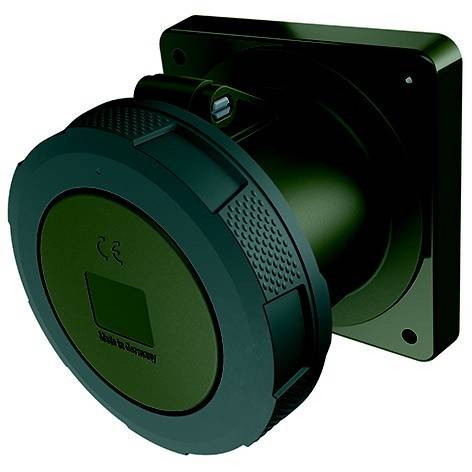 Grünes rundes, wandmontiertes elektronisches Gerät mit quadratischer Rückplatte, in perspektivischer Ansicht auf weißem Hintergrund dargestellt.