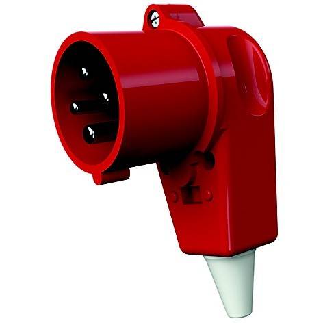 Roter industrieller Steckverbinder oder Stecker mit drei Metallkontakten und weißer kegelförmiger Basis auf einfachem weißem Hintergrund.