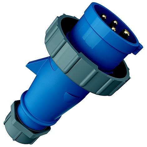 Blauer Industrie-Elektrostecker mit Gewindearretierungsringen, diagonal auf weißem Hintergrund dargestellt.