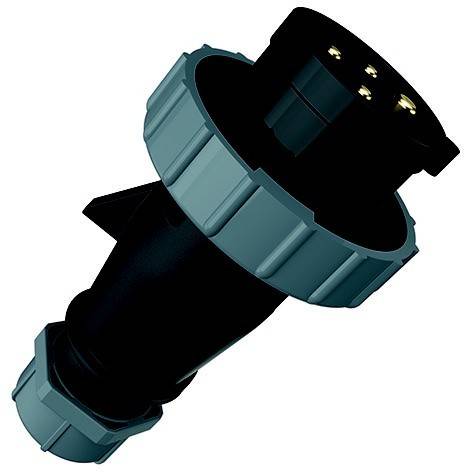Ein schwarzer zylindrischer mechanischer Verbinder oder ein Rohrverschraubung mit blaugrauen Gewindringen, dargestellt vor weißem Hintergrund.