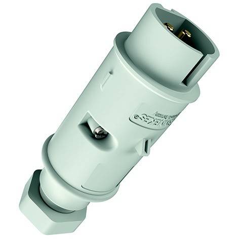 Hellgrüner industrieller Stecker für Elektroverbindungen auf weißem Hintergrund dargestellt.
