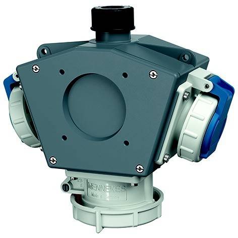 Industrieller Elektrostecker oder Verteilerdose mit mehreren Seitensteckdosen und Oberseite-Kabeleinlass, dargestellt auf weißem Hintergrund.
