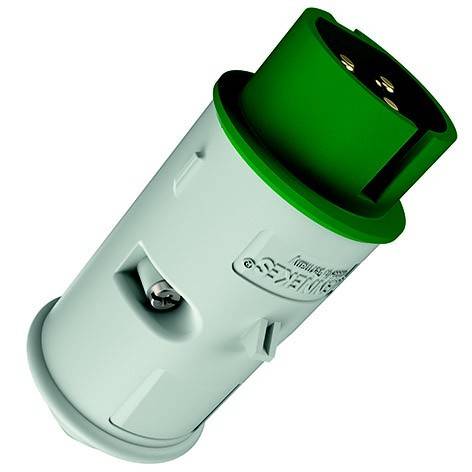 Grün-weißer elektrischer Steckverbinder mit drei Metallkontakten, dargestellt vor einfachem Hintergrund.