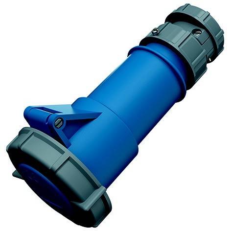 Blauer Industriestecker mit grauen Verriegelungsenden, dargestellt auf weißem Hintergrund.