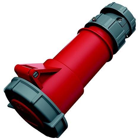Roter industrieller elektrischer Kabelstecker mit grauen Verriegelungsenden auf weißem Hintergrund.