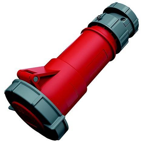 Roter Industrie-Elektrostecker mit grauen Verriegelungsenden, diagonal auf weißem Hintergrund dargestellt.