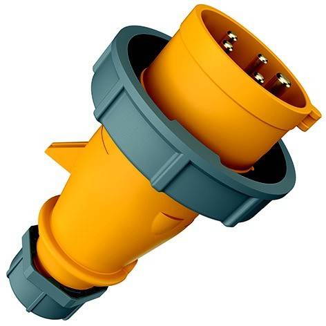 Gelb-graues Stecker-Verbindungselement für industrielle Elektrik, das in einem Winkel auf weißem Untergrund dargestellt wird.