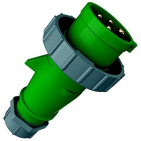 Grüner Industrie-Elektrostecker mit grauen Verriegelungsmuffen, isoliert auf weißem Hintergrund dargestellt.