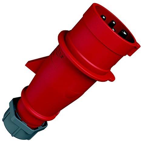 Roter Industrie-Stromstecker mit abgewinkeltem Gehäuse und grauer Basis, dargestellt auf weißem Hintergrund.
