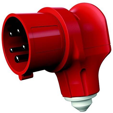 Roter industrieller Elektrostecker mit drei runden Stiften und einer Schraubenbefestigung auf weißem Hintergrund.