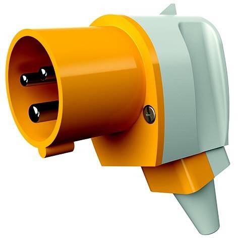 Dreipoliger Stromstecker mit orangenem und hellgrauem Gehäuse auf weißem Hintergrund.