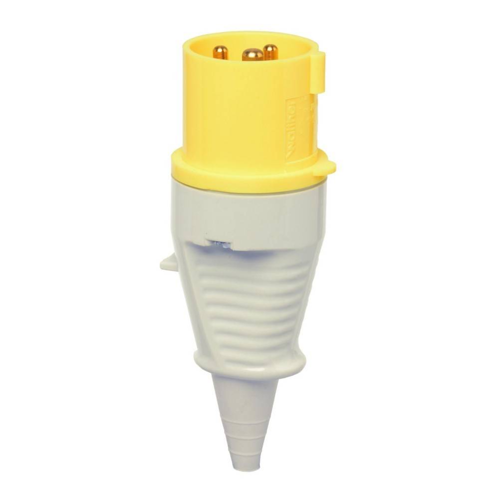 Ein gelber und grauer elektrischer Stecker mit drei Messingbolzen, konzipiert für industrielle oder Außenanwendungen, mit einer robusten, gerippten Gehäuse.