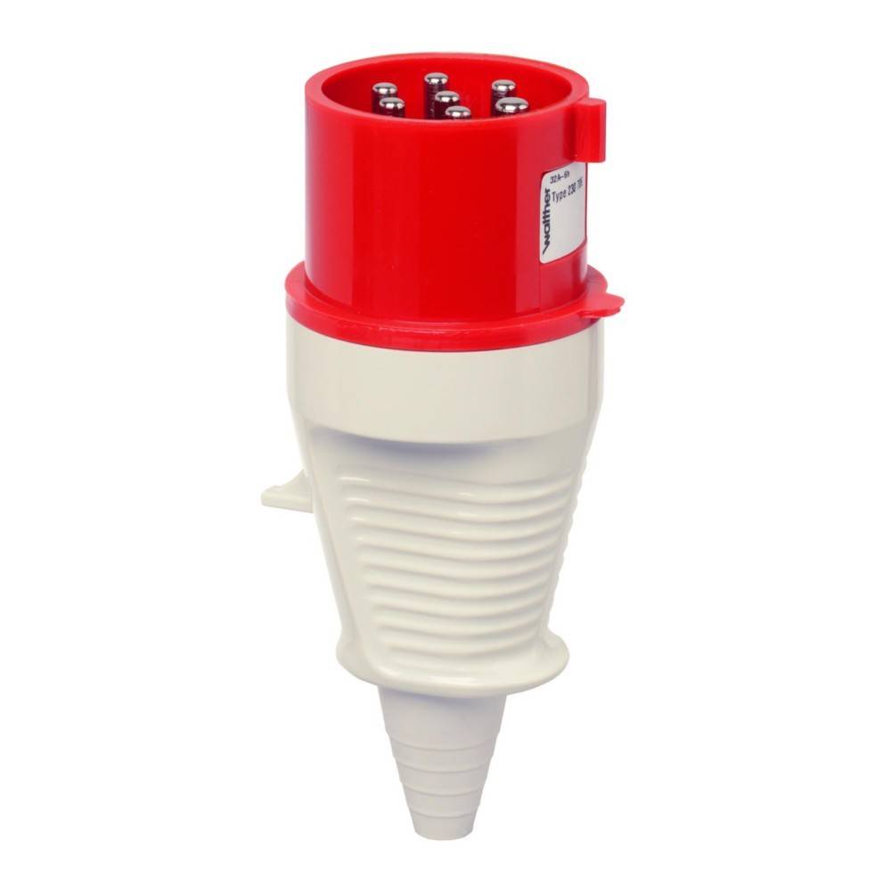 Ein rot-weißer industrieller Steckverbinder mit mehreren Metallstiften, der zum Anschluss von schwerlastfähiger elektrischer Ausrüstung verwendet wird.