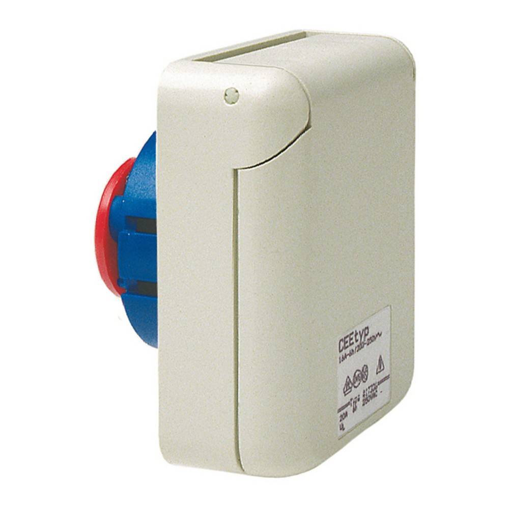 CEE YP 16A/490V IP65 weiße Kunststoff-Industriesteckdose mit blauen und roten Innenkomponenten, konzipiert für sichere Verwendung im Freien.