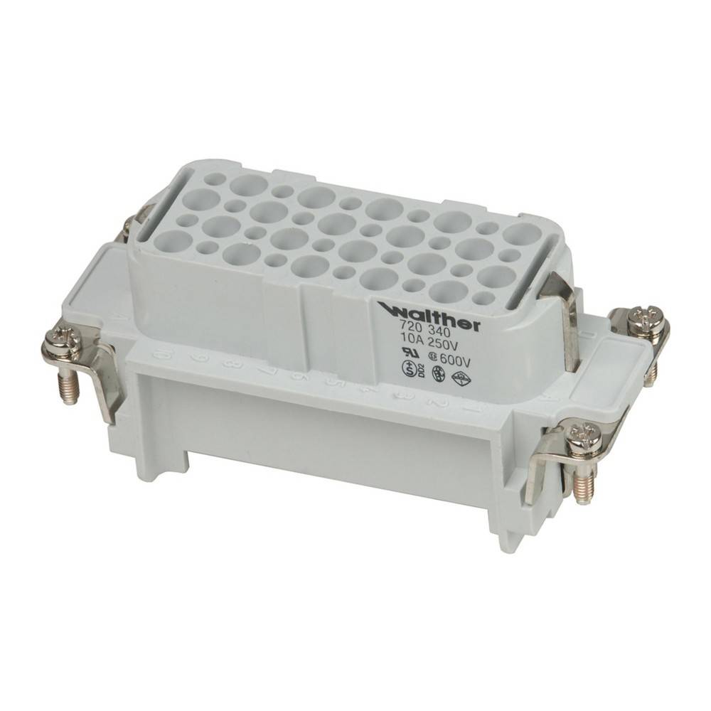 Ein rechteckiger, mehrpoliger Industriestecker mit einem weißen Kunststoffgehäuse, zwei Metallclips an den Seiten und Markenbeschriftung auf der Vorderseite.