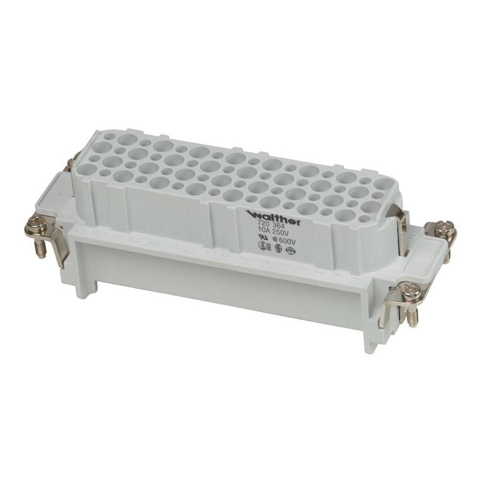 Rechteckiger weißer Elektroverbinder von Weidmüller mit zahlreichen kreisförmigen Anschlüssen, ausgelegt für 250V, 10A, 600V, mit Metallklammern.