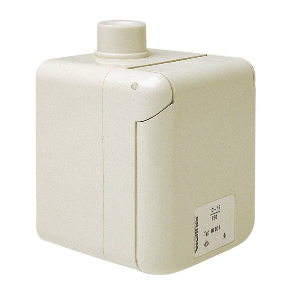 Ein beiger kubischer Sensorsensor mit einer kleinen zylindrischen Oberseite, versehen mit einer Beschriftung mit Zahlen und Text auf einer Seite.